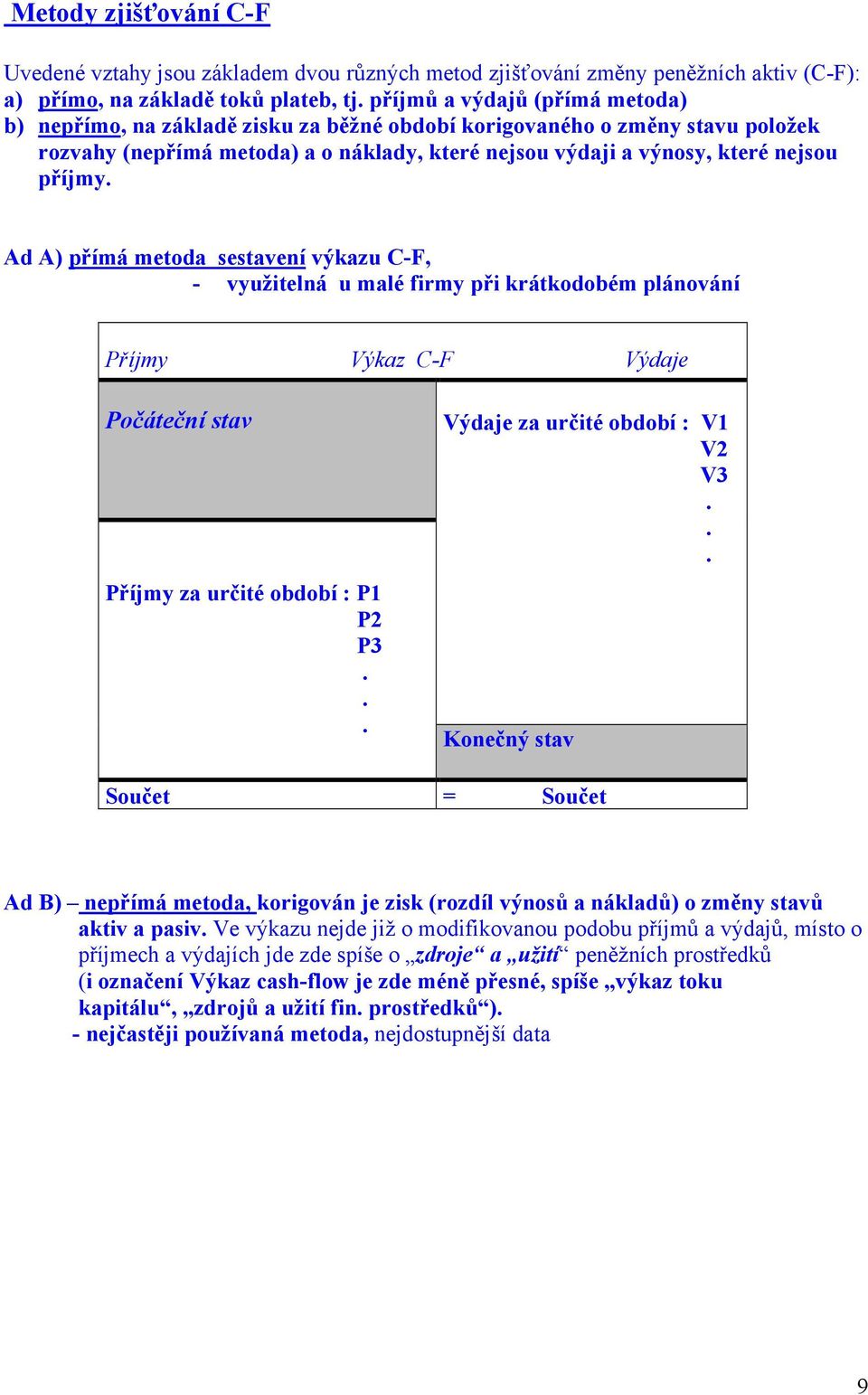 Ad A) přímá metoda sestavení výkazu C-F, - využitelná u malé firmy při krátkodobém plánování Příjmy Výkaz C-F Výdaje Počáteční stav Příjmy za určité období : P1 P2 P3.