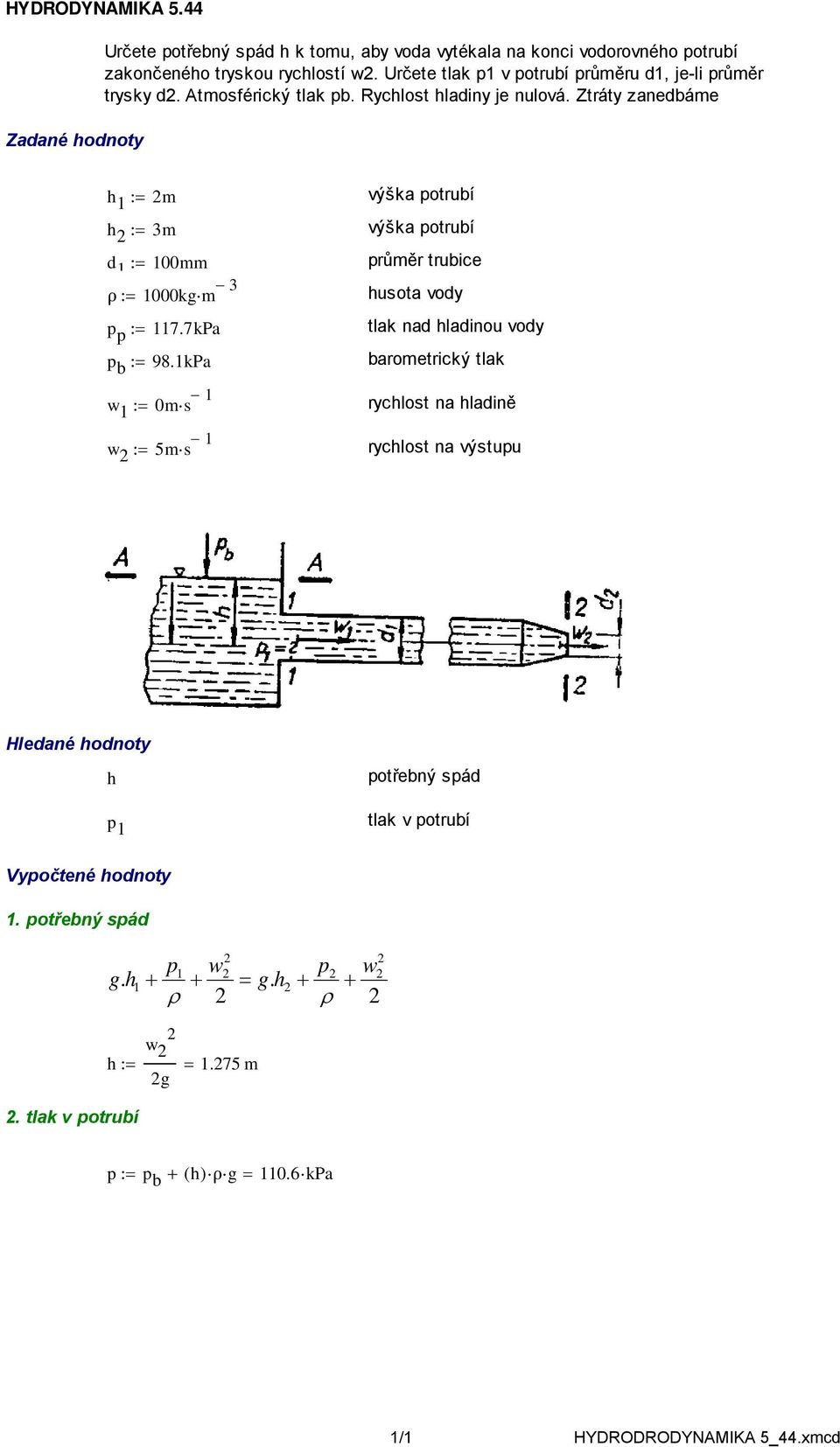 Ztráty zanedbáme h m h 3m d 00mm 000kgm 3 p p 7.7kPa p b 98.