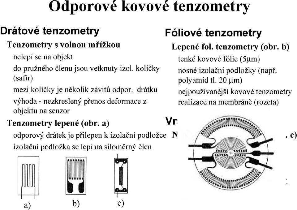 a) odporovy dratek je prilepen k izolacnı podlozce izolac nı podlozka se lepı na silomá rny c len a) b) c) Foliový tenzometry Lepene fol. tenzometry (obr.