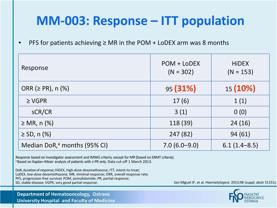 5) Response based on investigator assessment and IMWG criteria, except for MR (based on EBMT criteria). a Based on Kaplan Meier analysis of patients with PR only. Data cut-off 1 March 2013.