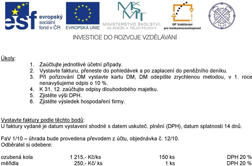 Zjistěte výši DPH. 6. Zjistěte výsledek hospodaření firmy. Vystavte faktury podle těchto bodů: U faktury vydané je datum vystavení shodné s datem uskuteč.