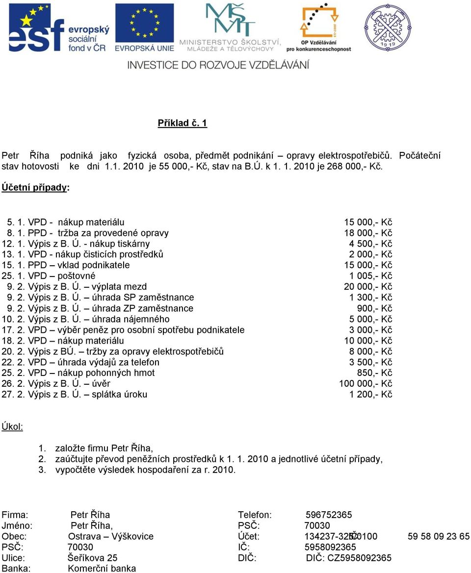 1. PPD vklad podnikatele 15 000,- Kč 25. 1. VPD poštovné 1 005,- Kč 9. 2. Výpis z B. Ú. výplata mezd 20 000,- Kč 9. 2. Výpis z B. Ú. úhrada SP zaměstnance 1 300,- Kč 9. 2. Výpis z B. Ú. úhrada ZP zaměstnance 900,- Kč 10.