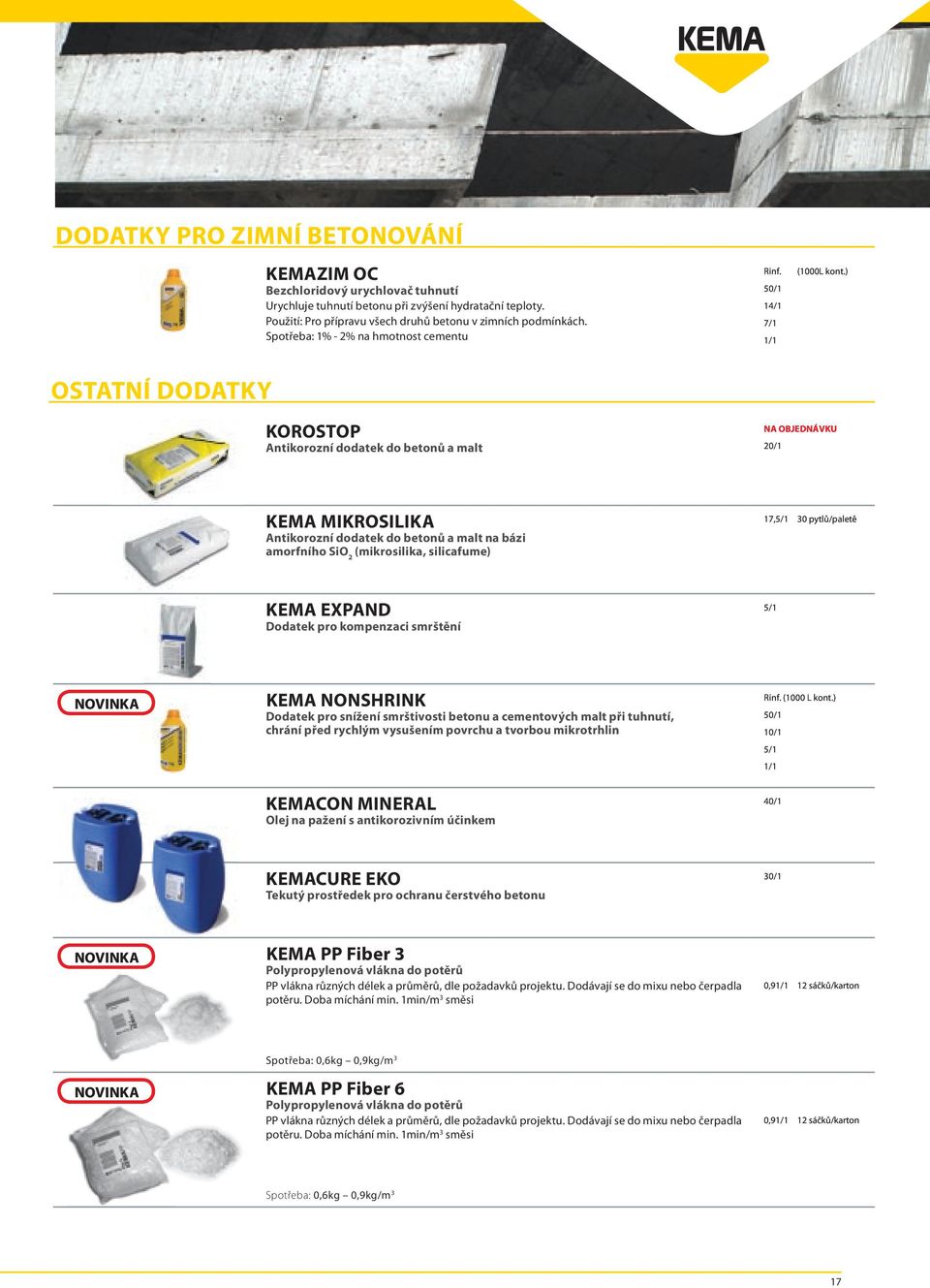 (mikrosilika, silicafume) 17, 30 pytlů/paletě KEMA EXPAND Dodatek pro kompenzaci smrštění KEMA NONSHRINK Dodatek pro snížení smrštivosti betonu a cementových malt při tuhnutí, chrání před rychlým