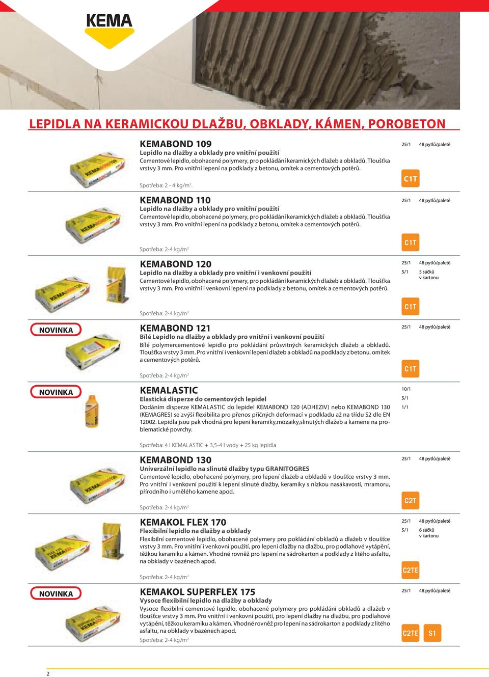 KEMABOND 110 Lepidlo na dlažby a obklady pro vnitřní použití Cementové lepidlo, obohacené polymery, pro pokládání keramických dlažeb a obkladů. Tloušťka vrstvy 3 mm.
