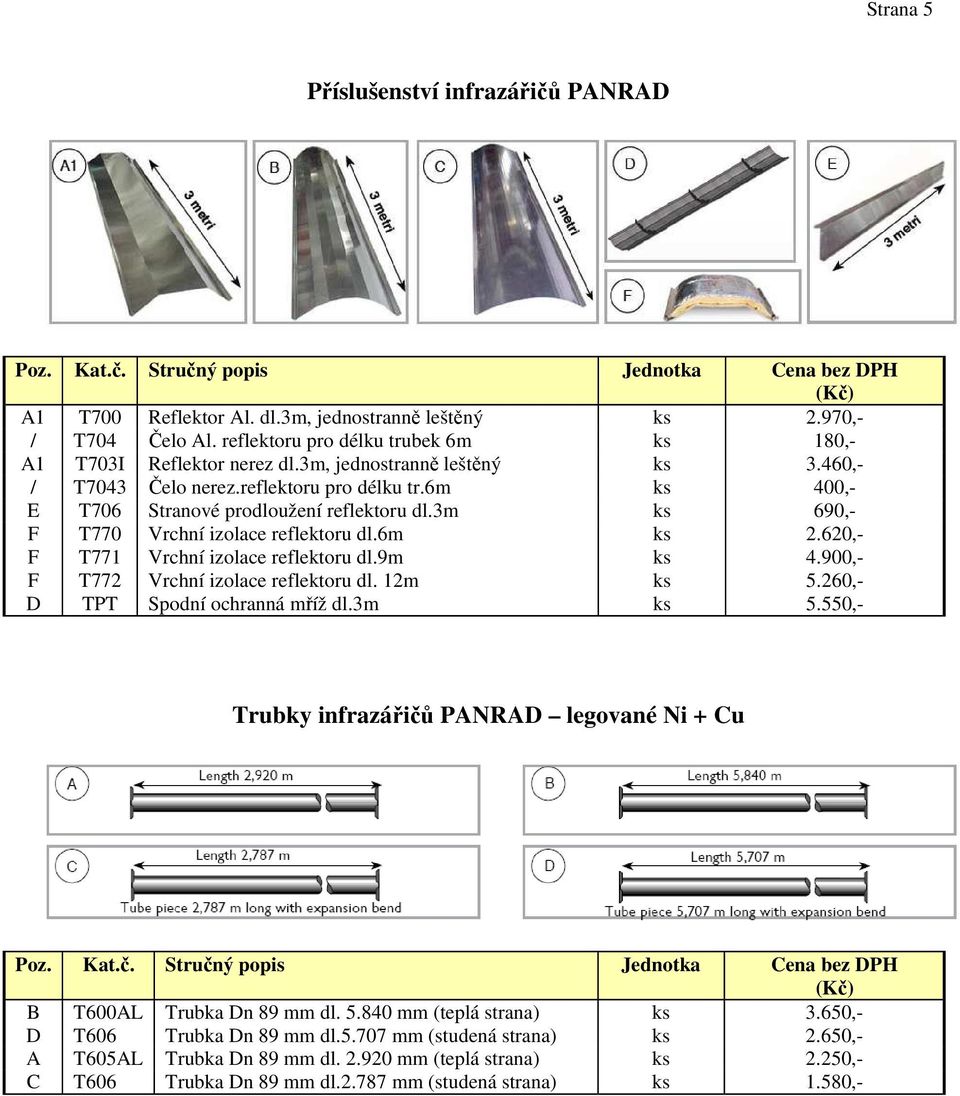 620,- F T771 Vrchní izolace reflektoru dl.9m ks 4.900,- F T772 Vrchní izolace reflektoru dl. 12m ks 5.260,- D TPT Spodní ochranná mříž dl.3m ks 5.