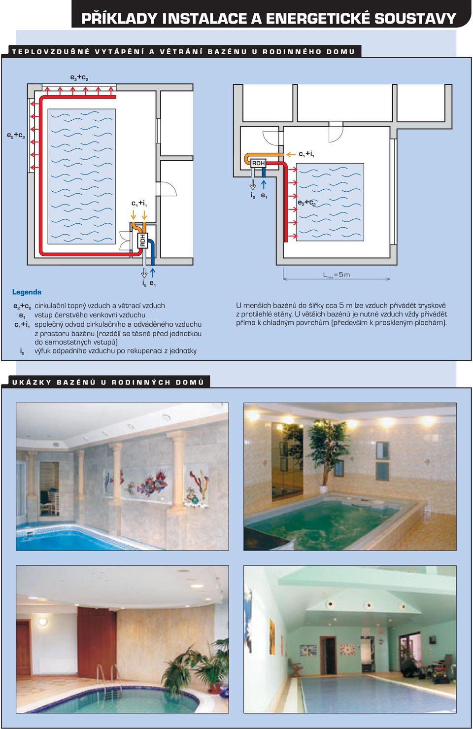 jednotkou do samostatných vstupů) i výfuk odpadního vzduchu po rekuperaci z jednotky i L =5m max U menších bazénů do šířky cca 5 m lze vzduch přivádět