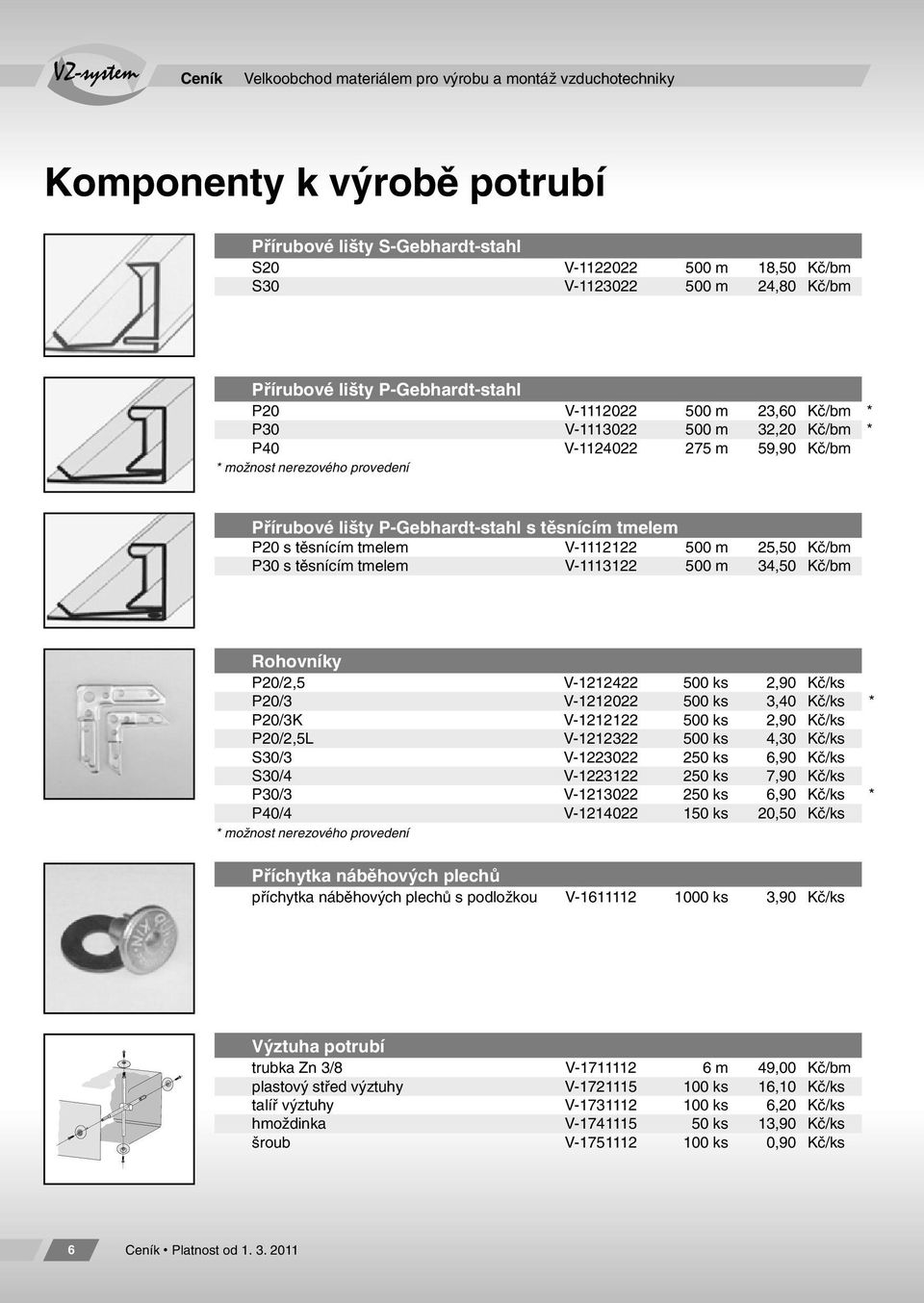 V-1112122 500 m 25,50 Kč/bm P30 s těsnícím tmelem V-1113122 500 m 34,50 Kč/bm Rohovníky P20/2,5 V-1212422 500 ks 2,90 Kč/ks P20/3 V-1212022 500 ks 3,40 Kč/ks * P20/3K V-1212122 500 ks 2,90 Kč/ks