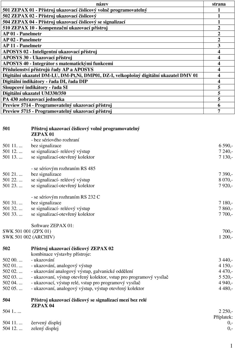 s matematickými funkcemi 4 Příslušenství přístrojů řady AP a APOSYS 4 Digitální ukazatel DM-I,U, DM-Pt,Ni, DMP01, DZ-I, velkoplošný digitální ukazatel DMV 01 4 Digitální indikátory - řada DI, řada