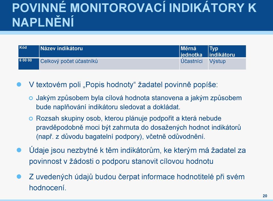 Rozsah skupiny osob, kterou plánuje podpořit a která nebude pravděpodobně moci být zahrnuta do dosažených hodnot indikátorů (např.