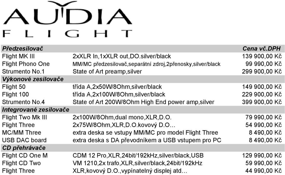 4 State of Art 200W/8Ohm High End power amp,silver 399 900,00 Kč Integrované zesilovače Flight Two Mk III 2x100W/8Ohm,dual mono,xlr,d.o. 79 990,00 Kč Flight Three 2x75W/8Ohm,XLR,D.O.kovový D.