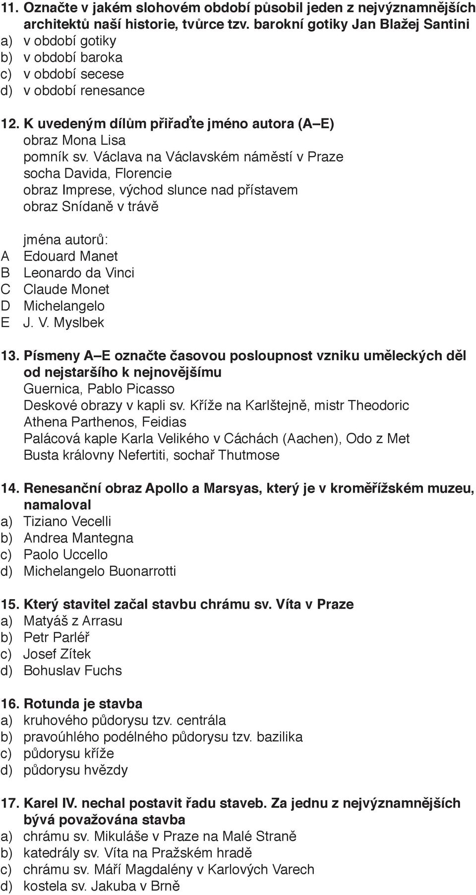 Václava na Václavském náměstí v Praze socha Davida, Florencie obraz Imprese, východ slunce nad přístavem obraz Snídaně v trávě A B C D E jména autorů: Edouard Manet Leonardo da Vinci Claude Monet
