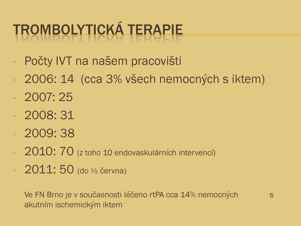 10 endovaskulárních intervencí) 2011: 50 (do ½ června) Ve FN Brno je