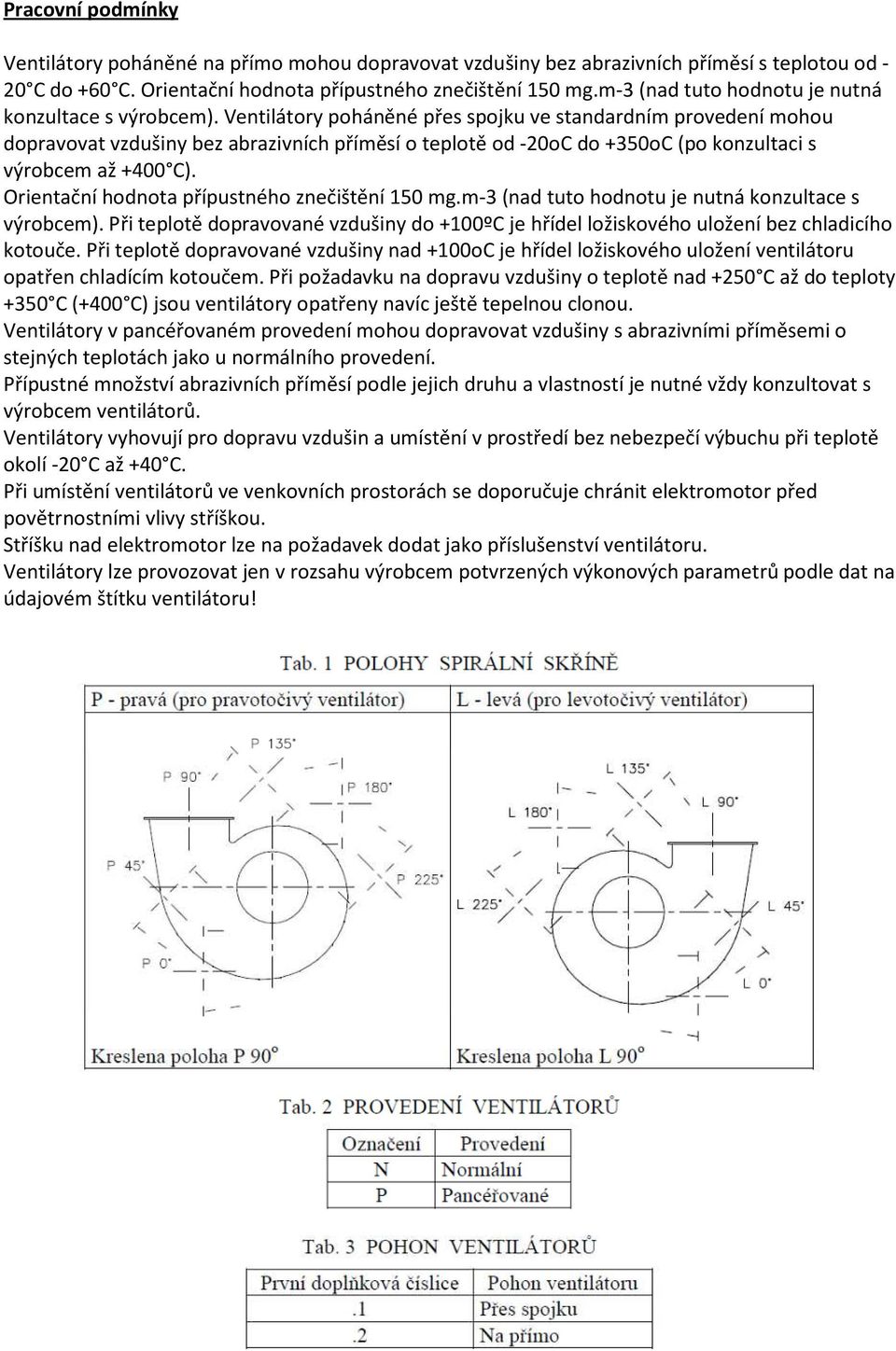 Ventilátory poháněné přes spojku ve standardním provedení mohou dopravovat vzdušiny bez abrazivních příměsí o teplotě od -20oC do +350oC (po konzultaci s výrobcem až +400 C).