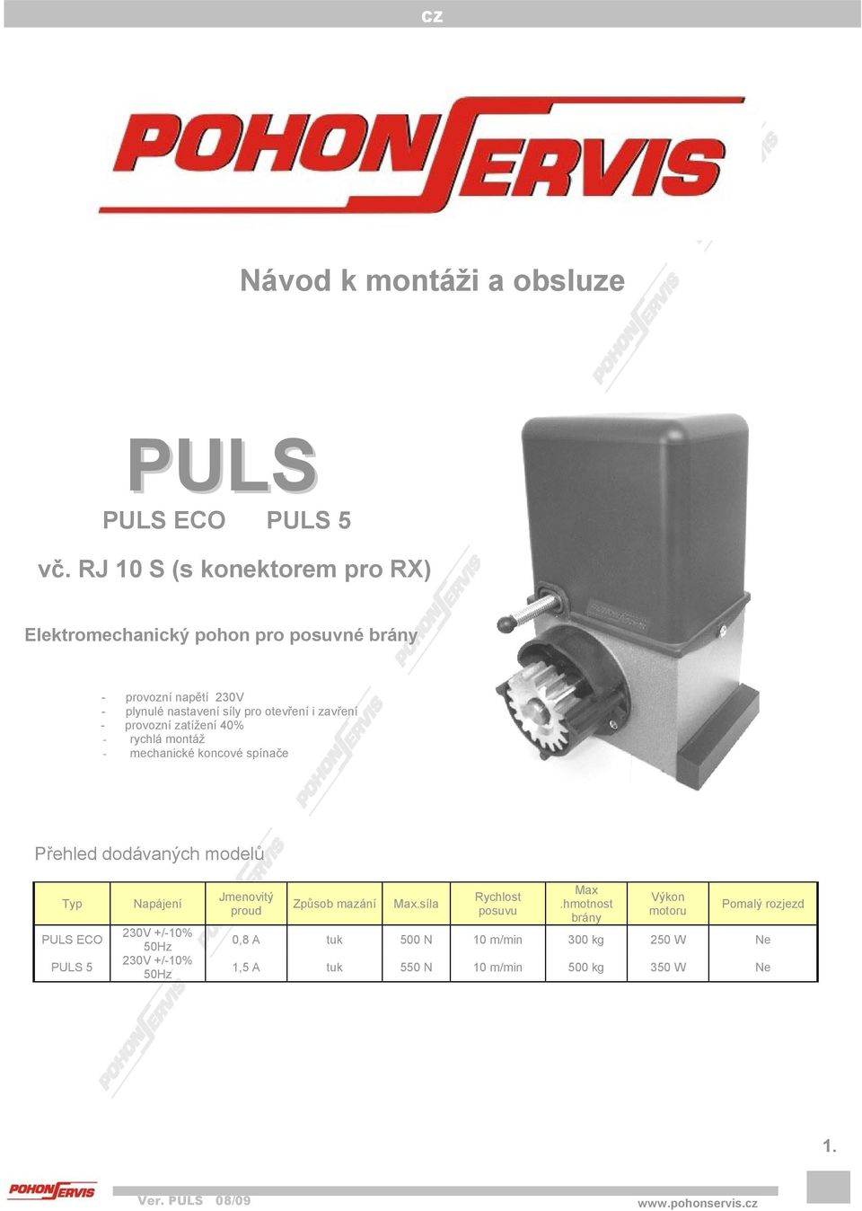 i zavření - provozní zatížení 40% - rychlá montáž - mechanické koncové spínače Přehled dodávaných modelů Typ PULS ECO PULS 5