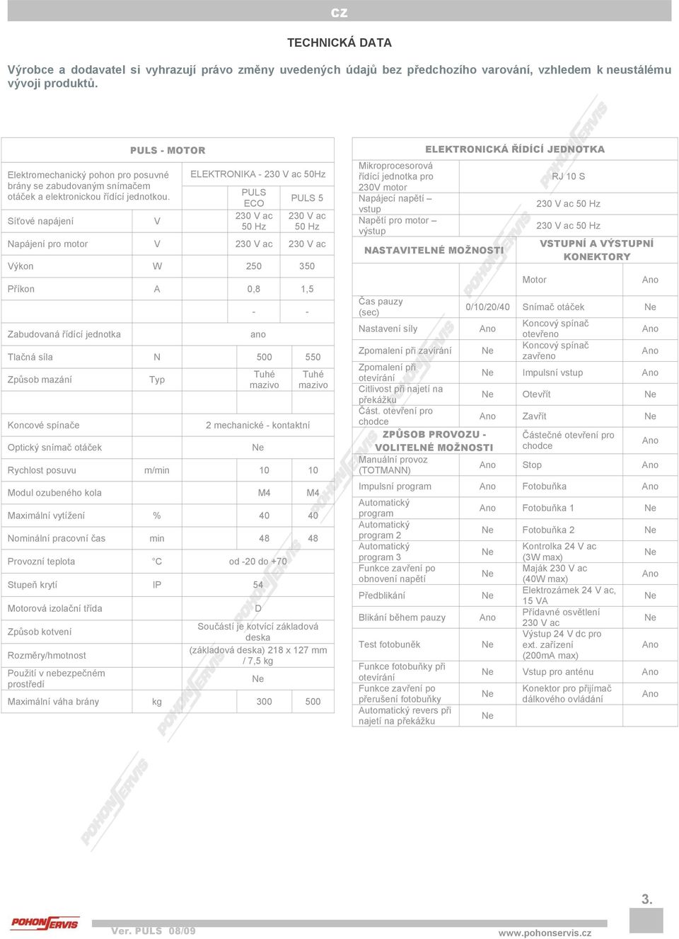 Síťové napájení V ELEKTRONIKA - 230 V ac 50Hz PULS ECO 230 V ac 50 Hz PULS 5 230 V ac 50 Hz Napájení pro motor V 230 V ac 230 V ac Výkon W 250 350 Příkon A 0,8 1,5 Zabudovaná řídící jednotka - -