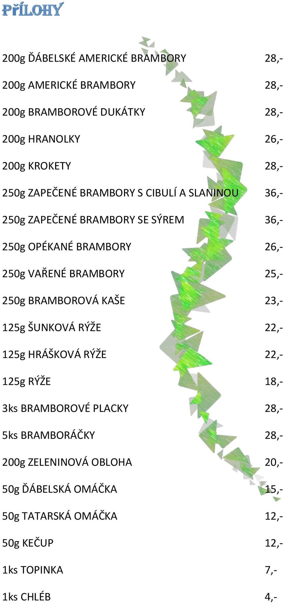 BRAMBORY 25,- 250g BRAMBOROVÁ KAŠE 23,- 125g ŠUNKOVÁ RÝŽE 22,- 125g HRÁŠKOVÁ RÝŽE 22,- 125g RÝŽE 18,- 3ks BRAMBOROVÉ PLACKY 28,- 5ks