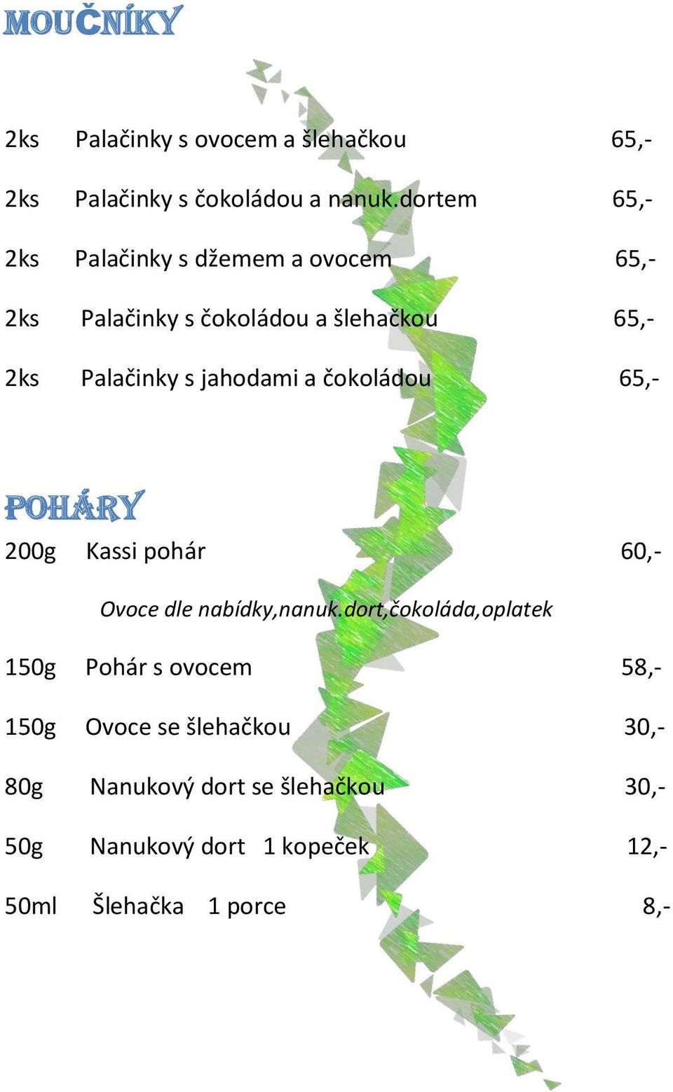 jahodami a čokoládou 65,- Poháry 200g Kassi pohár 60,- Ovoce dle nabídky,nanuk.