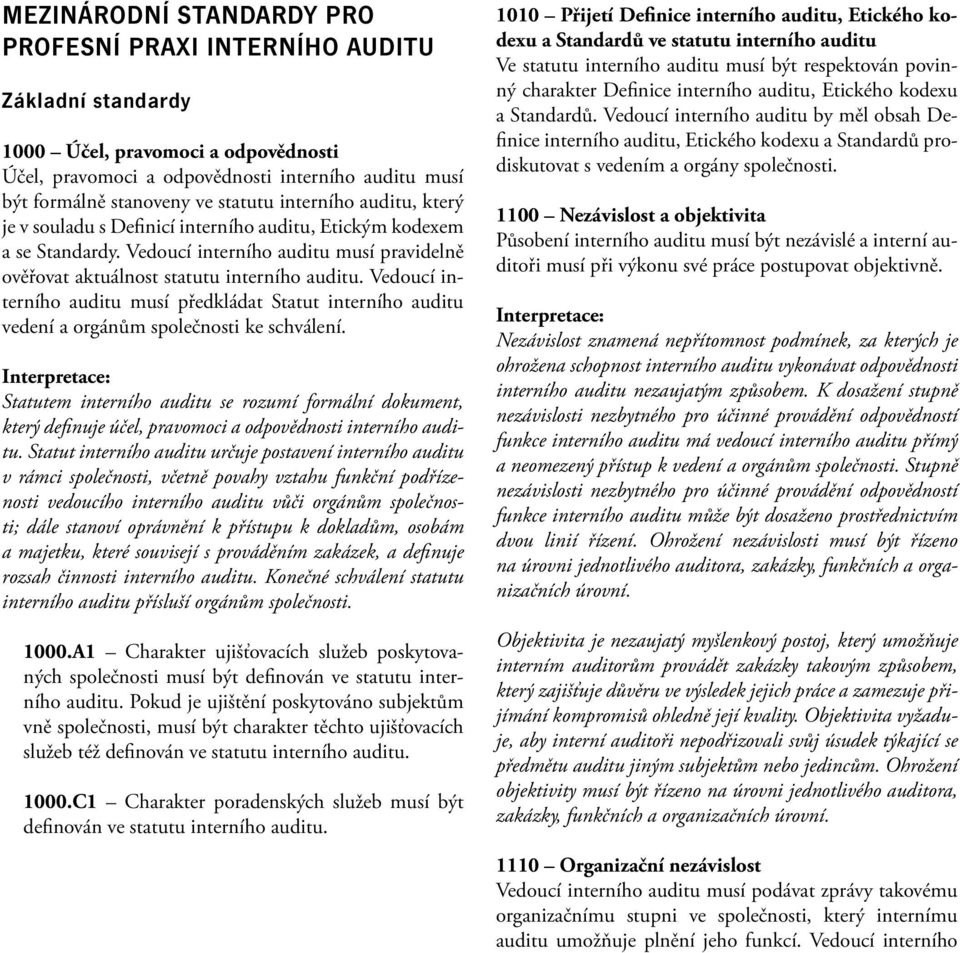 Vedoucí interního auditu musí předkládat Statut interního auditu vedení a orgánům společnosti ke schválení.