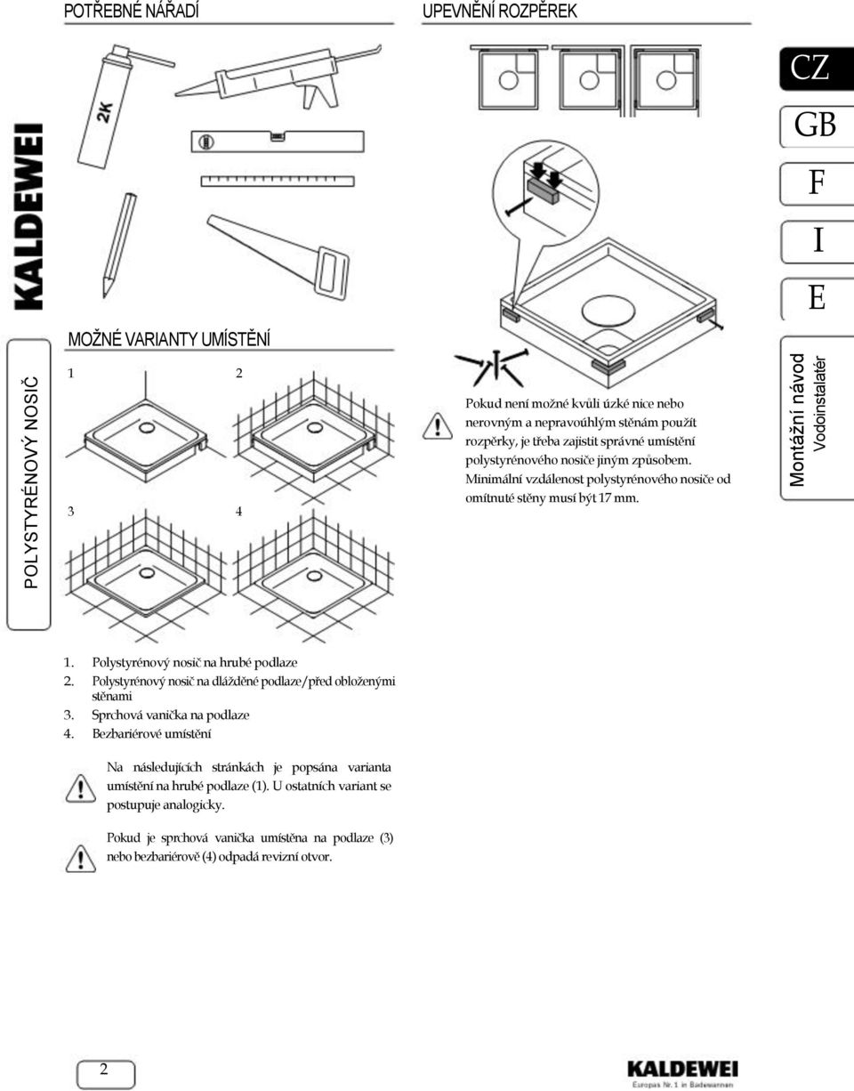 mm. 1. Polystyrénový nosič na hrubé podlaze 2. Polystyrénový nosič na dlážděné podlaze/před obloženými stěnami 3. Sprchová vanička na podlaze 4.