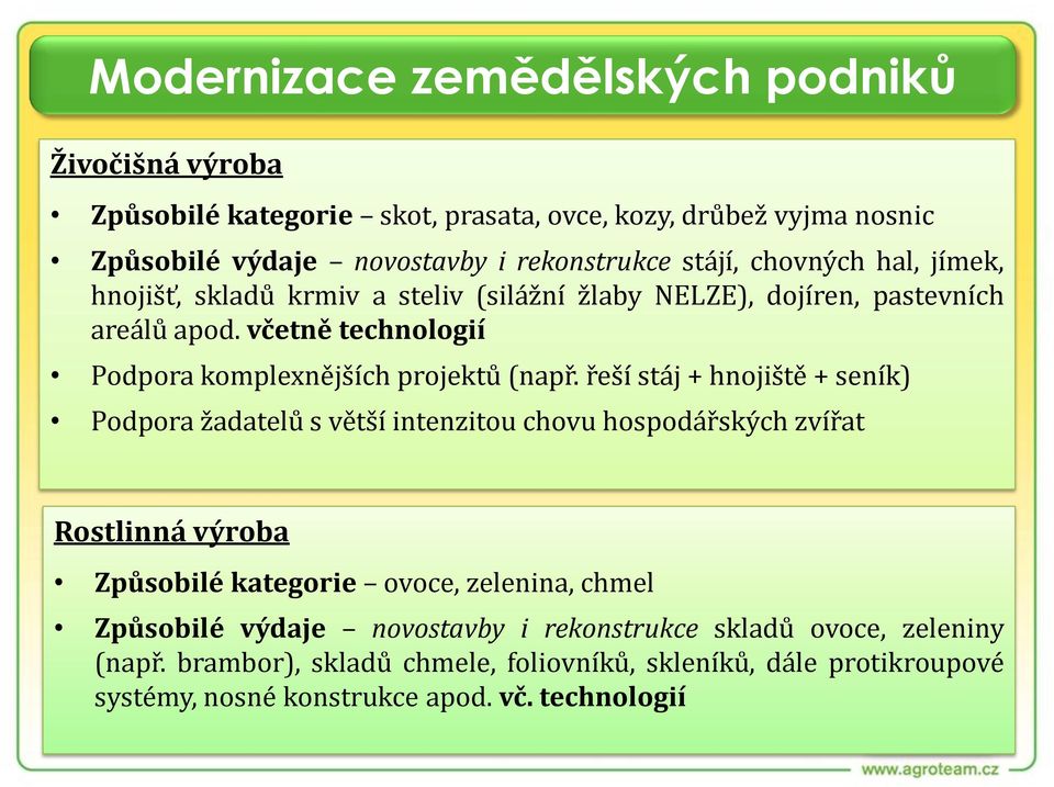 včetně technologií Podpora komplexnějších projektů (např.