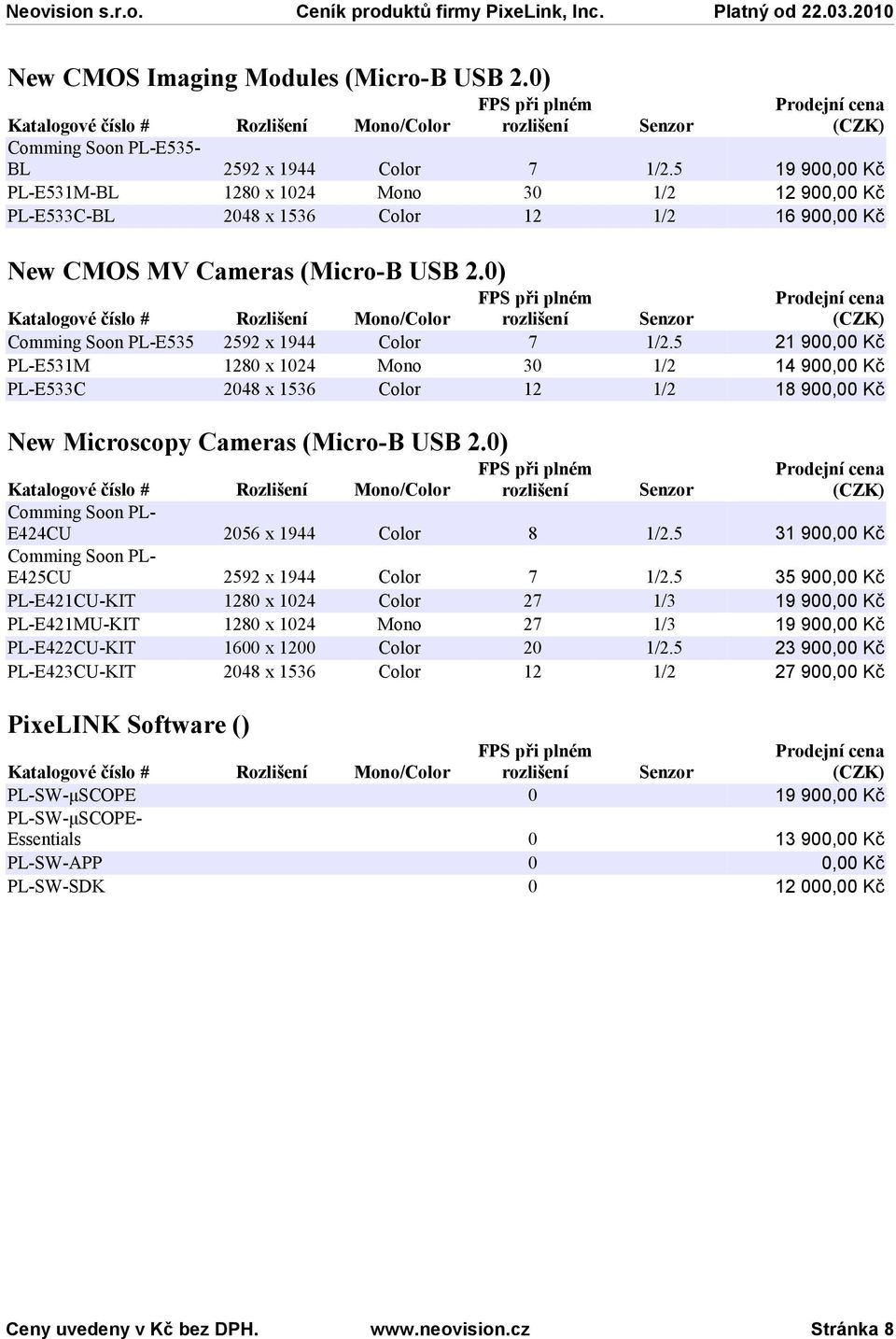 5 21 900,00 Kč PL-E531M PL-E533C 1280 x 1024 2048 x 1536 Mono Color 30 12 1/2 1/2 14 900,00 Kč 18 900,00 Kč New Microscopy Cameras (Micro-B USB 2.