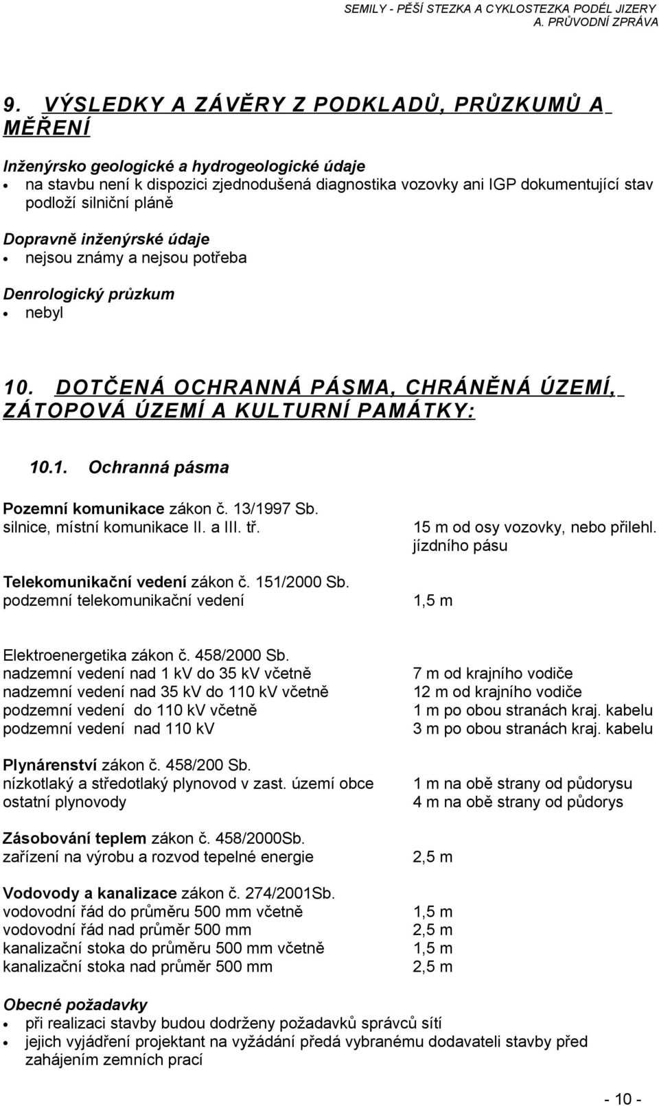 13/1997 Sb. silnice, místní komunikace II. a III. tř. Telekomunikační vedení zákon č. 151/2000 Sb. podzemní telekomunikační vedení 15 m od osy vozovky, nebo přilehl.