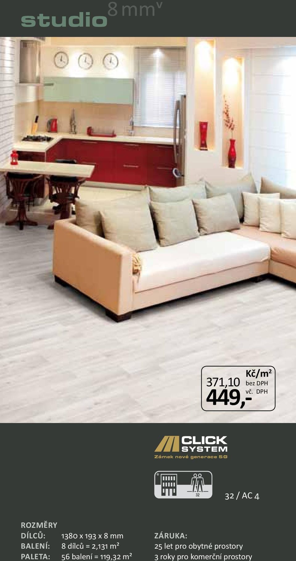 193 x 8 mm Balení: 8 dílců = 2,131 m² Paleta: 56 balení =