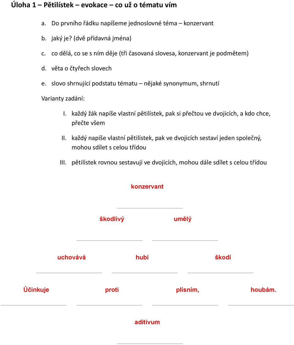 slovo shrnující podstatu tématu nějaké synonymum, shrnutí Varianty zadání: I. každý žák napíše vlastní pětilístek, pak si přečtou ve dvojicích, a kdo chce, přečte všem II.