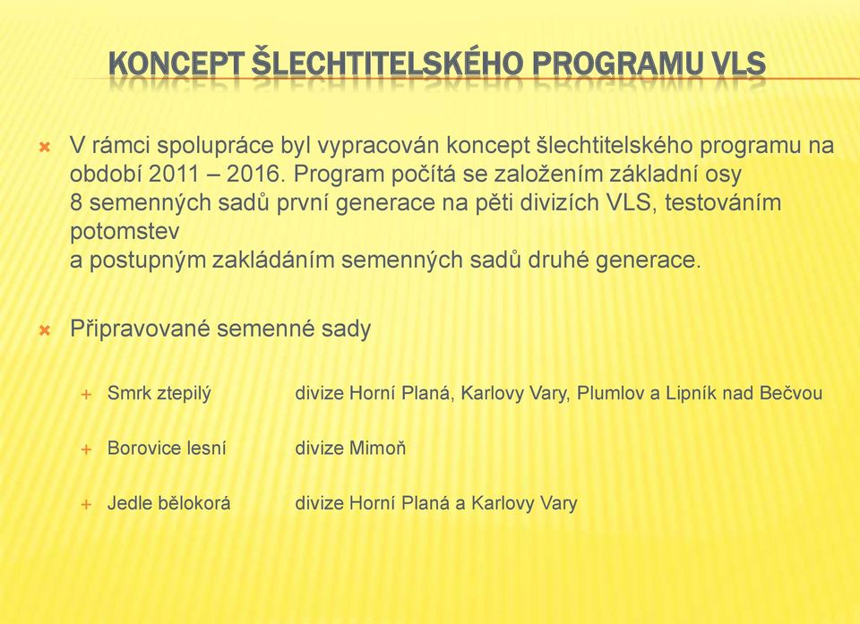 Program počítá se založením základní osy 8 semenných sadů první generace na pěti divizích VLS, testováním potomstev a