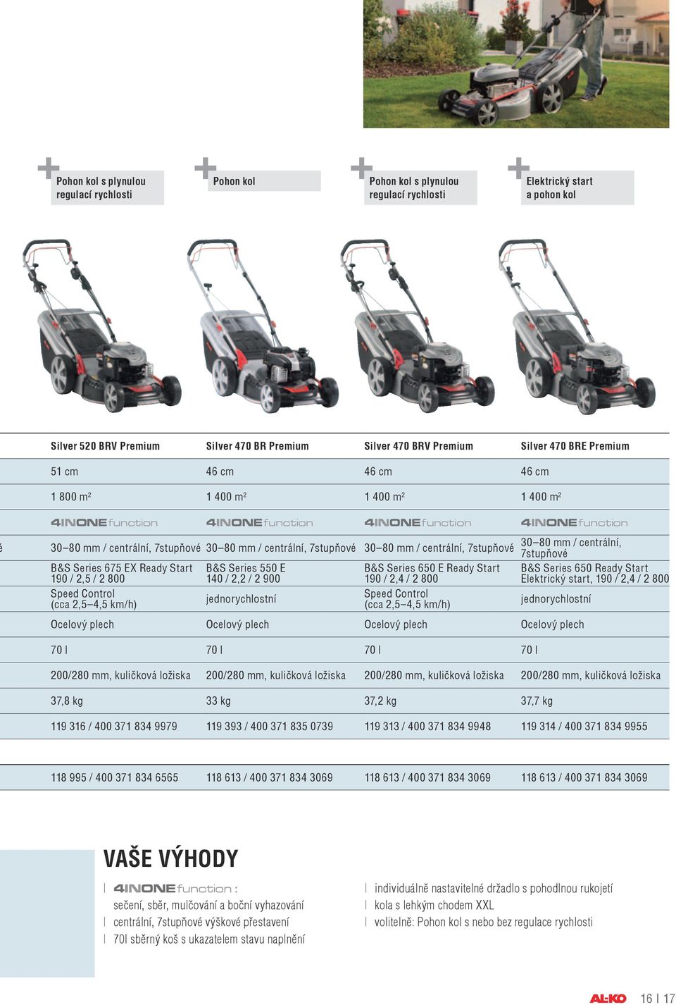 7stupňové 30 80 mm / centrální, 7stupňové 30 80 mm / centrální, 7stupňové B&S Series 675 EX Ready Start 190 / 2,5 / 2 800 B&S Series 550 E 140 / 2,2 / 2 900 B&S Series 650 E Ready Start 190 / 2,4 / 2