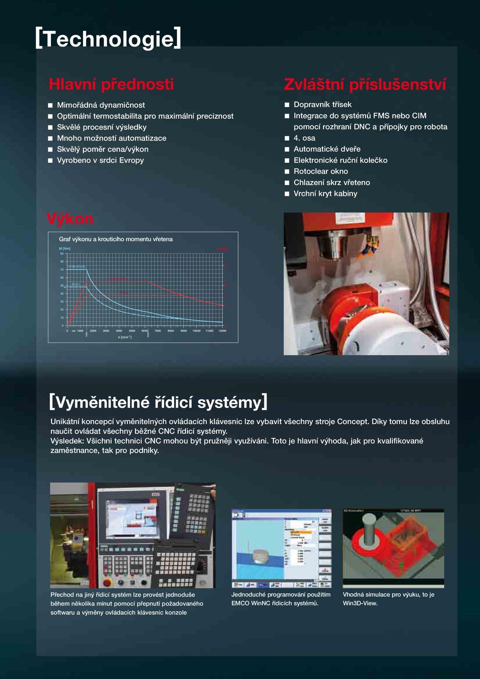 osa Automatické dveře Elektronické ruční kolečko Rotoclear okno Chlazení skrz vřeteno Vrchní kryt kabiny Výkon Graf výkonu a krouticího momentu vřetena M [Nm] 90 P [kw] 80 70 M (S6-40%ED) 15 60 50 48