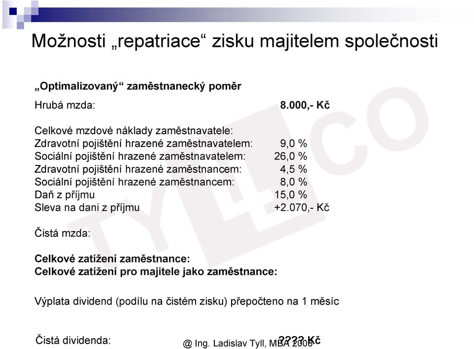 26,0 % Zdravotní pojištění hrazené zaměstnancem: 4,5 % Sociální pojištění hrazené zaměstnancem: 8,0 % Daň z příjmu 15,0 % Sleva na dani z