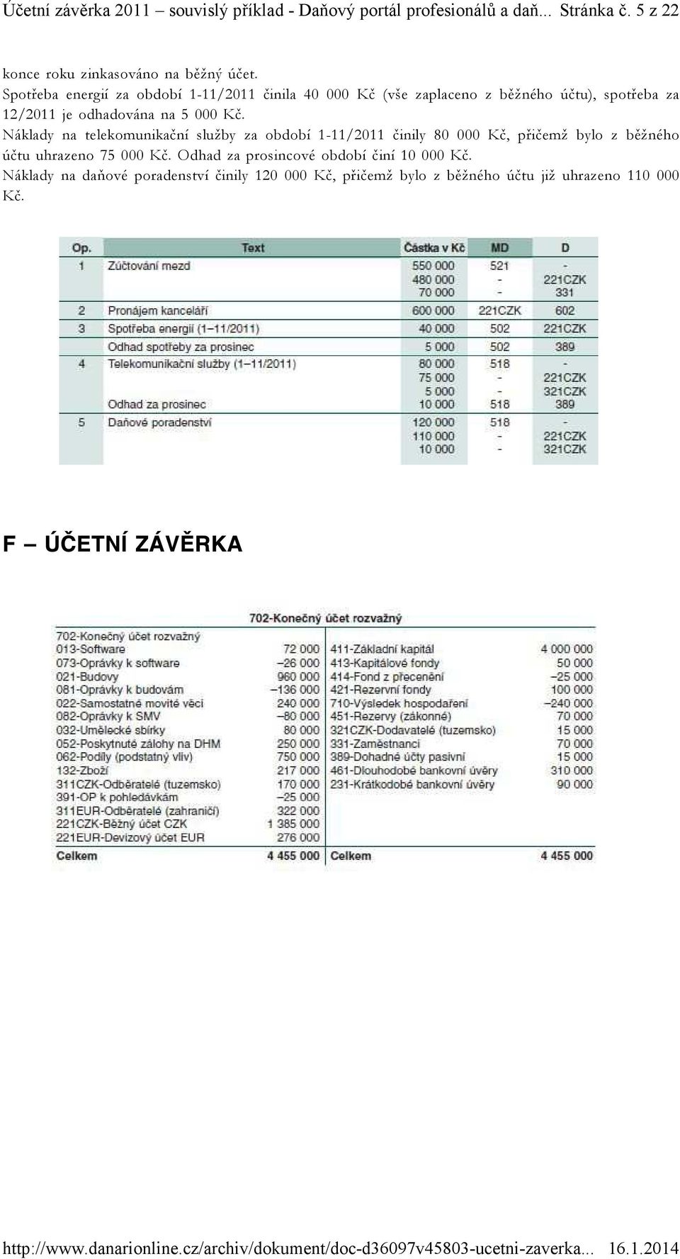 Náklady na telekomunikační služby za období 1-11/2011 činily 80 000 Kč, přičemž bylo z běžného účtu uhrazeno 75 000 Kč.