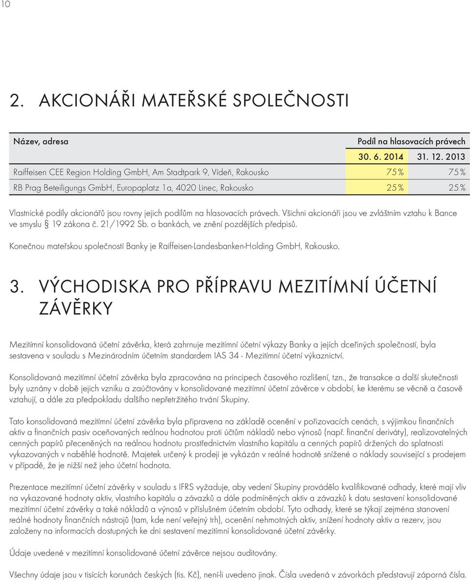 jejich podílům na hlasovacích právech. Všichni akcionáři jsou ve zvláštním vztahu k Bance ve smyslu 19 zákona č. 21/1992 Sb. o bankách, ve znění pozdějších předpisů.