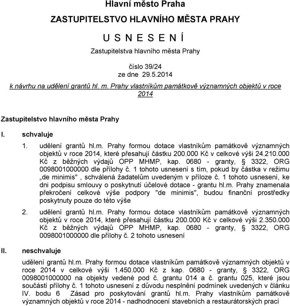 000 Kč z běžných výdajů OPP MHMP, kap. 0680 - granty, 3322, ORG 0098001000000 dle přílohy č. 1 tohoto usnesení s tím, pokud by částka v režimu de minimis", schválená žadatelům uvedeným v příloze č.