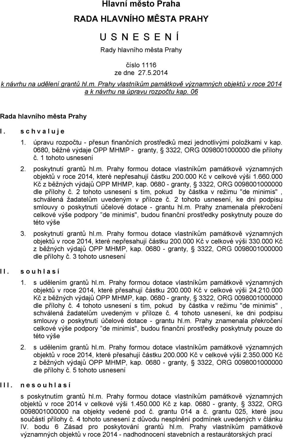 0680, běžné výdaje OPP MHMP - granty, 3322, ORG 0098001000000 dle přílohy č. 1 tohoto usnesení 2. poskytnutí grantů hl.m.