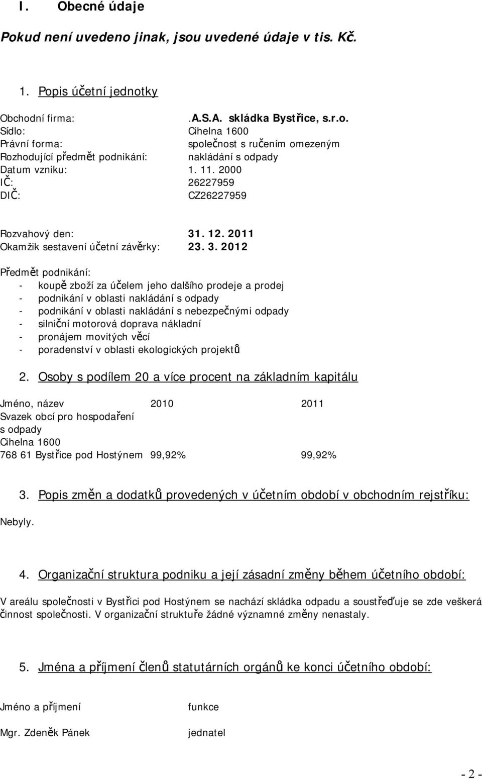 . 12. 2011 Okamžik sestavení účetní závěrky: 23. 3.