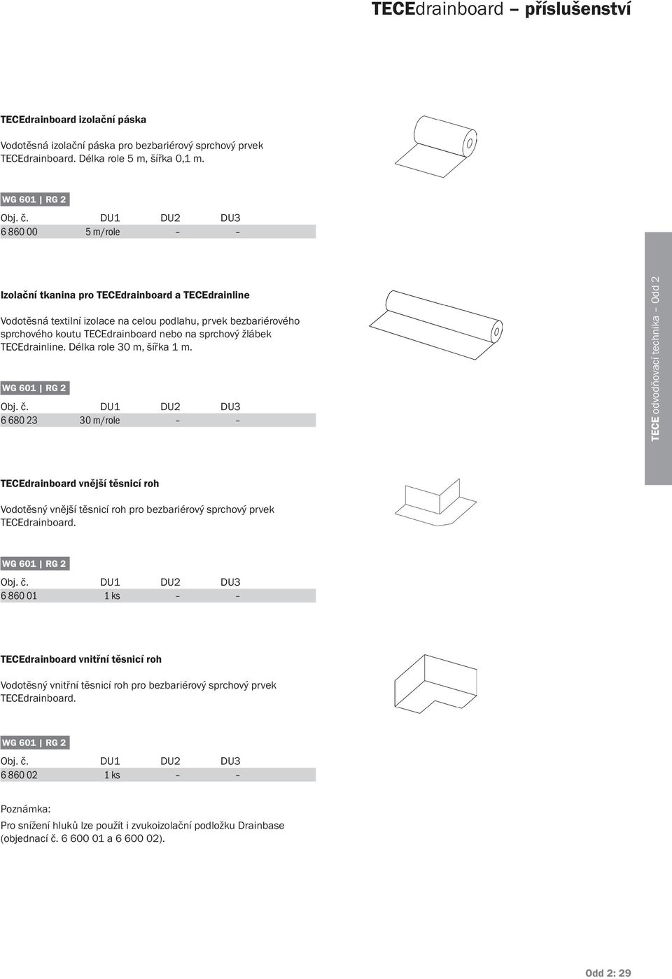 TECEdrainline. Délka role 30 m, šířka 1 m. 6 680 23 30 m/role TECEdrainboard vnější těsnicí roh Vodotěsný vnější těsnicí roh pro bezbariérový sprchový prvek TECEdrainboard.