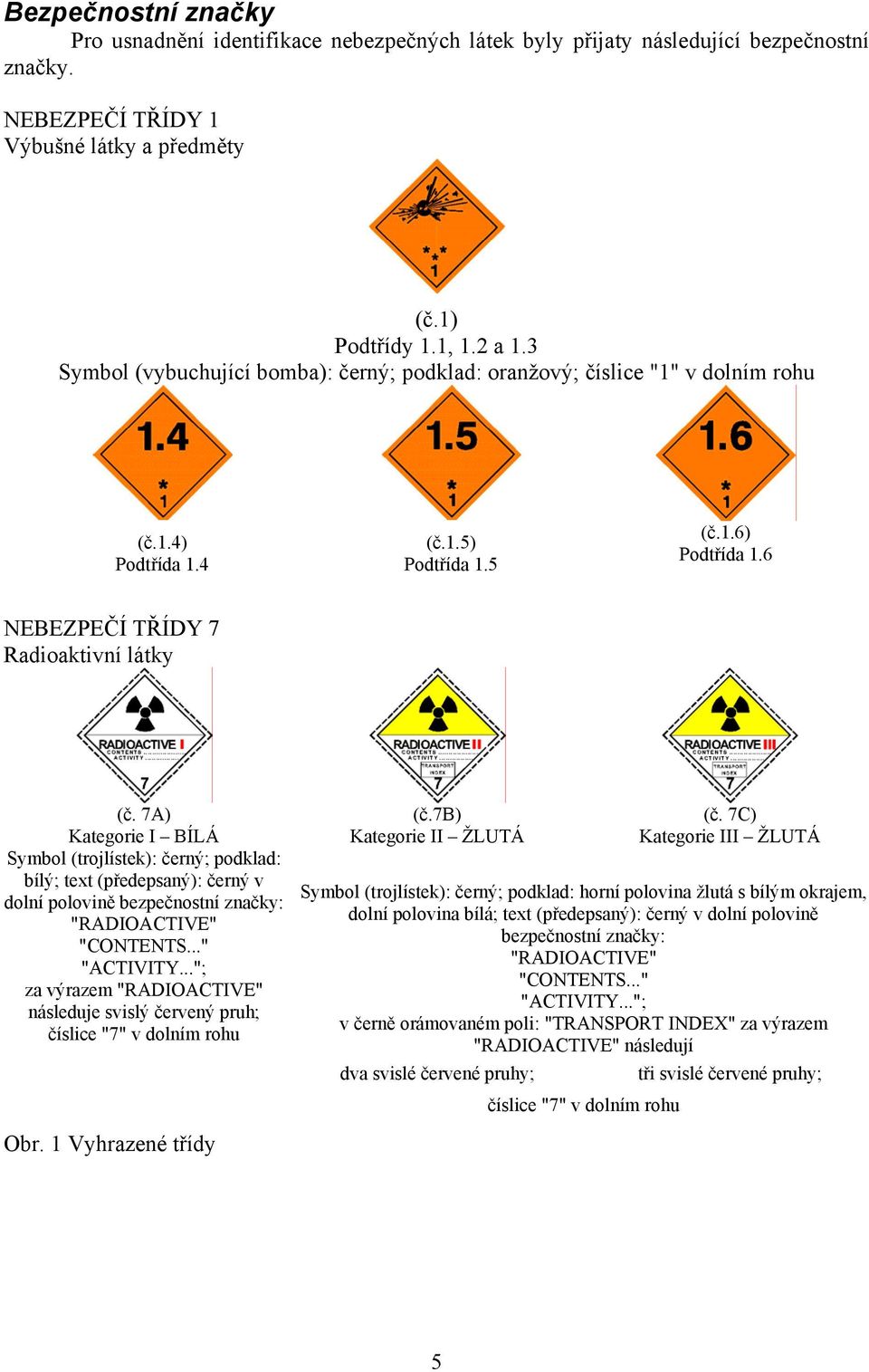 7A) Kategorie I BÍLÁ Symbol (trojlístek): černý; podklad: bílý; text (předepsaný): černý v dolní polovině bezpečnostní značky: "RADIOACTIVE" "CONTENTS..." "ACTIVITY.