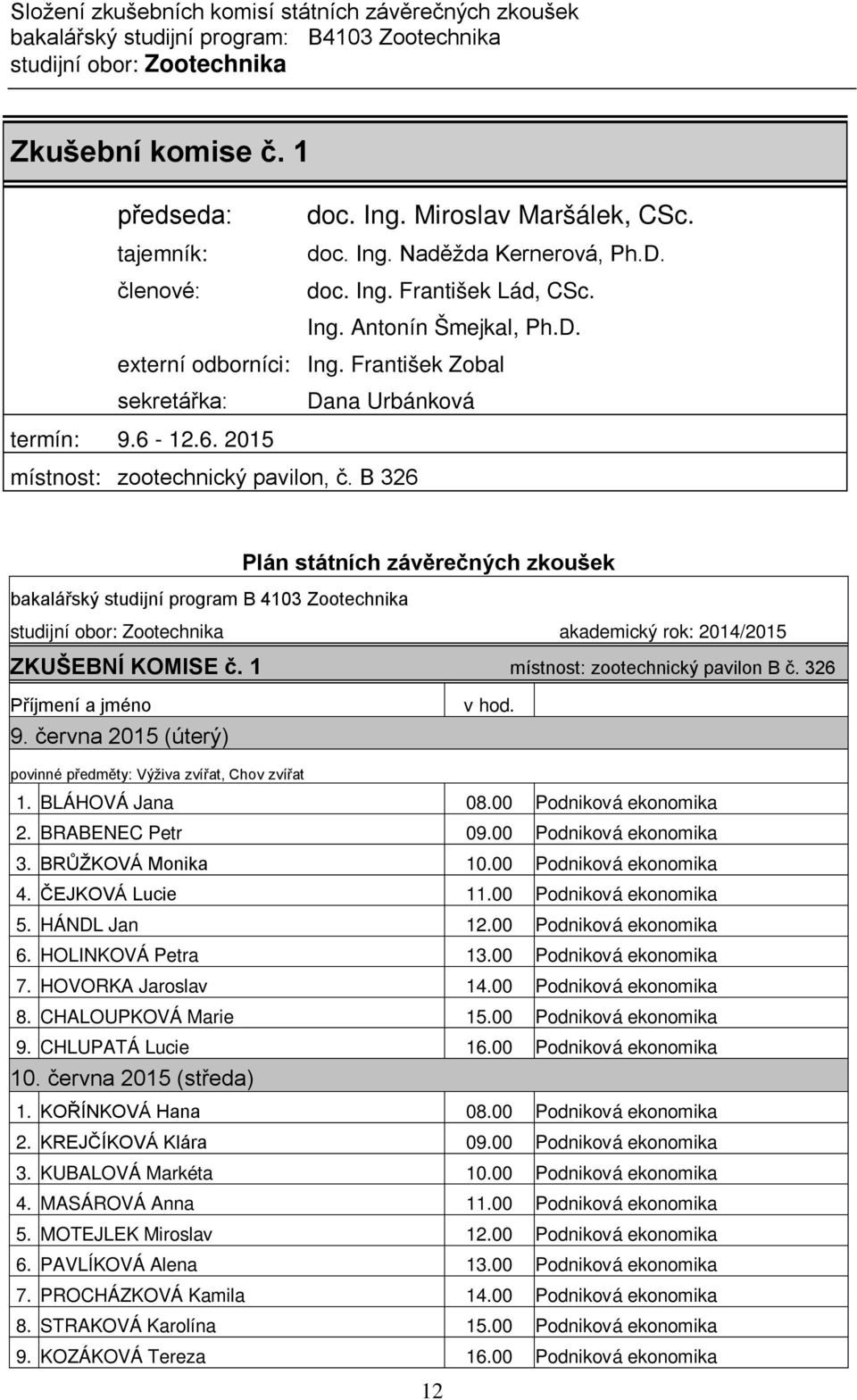 B 326 bakalářský studijní program B 4103 Zootechnika studijní obor: Zootechnika akademický rok: 2014/2015 ZKUŠEBNÍ KOMISE č. 1 místnost: zootechnický pavilon B č. 326 9. června 2015 (úterý) v hod.