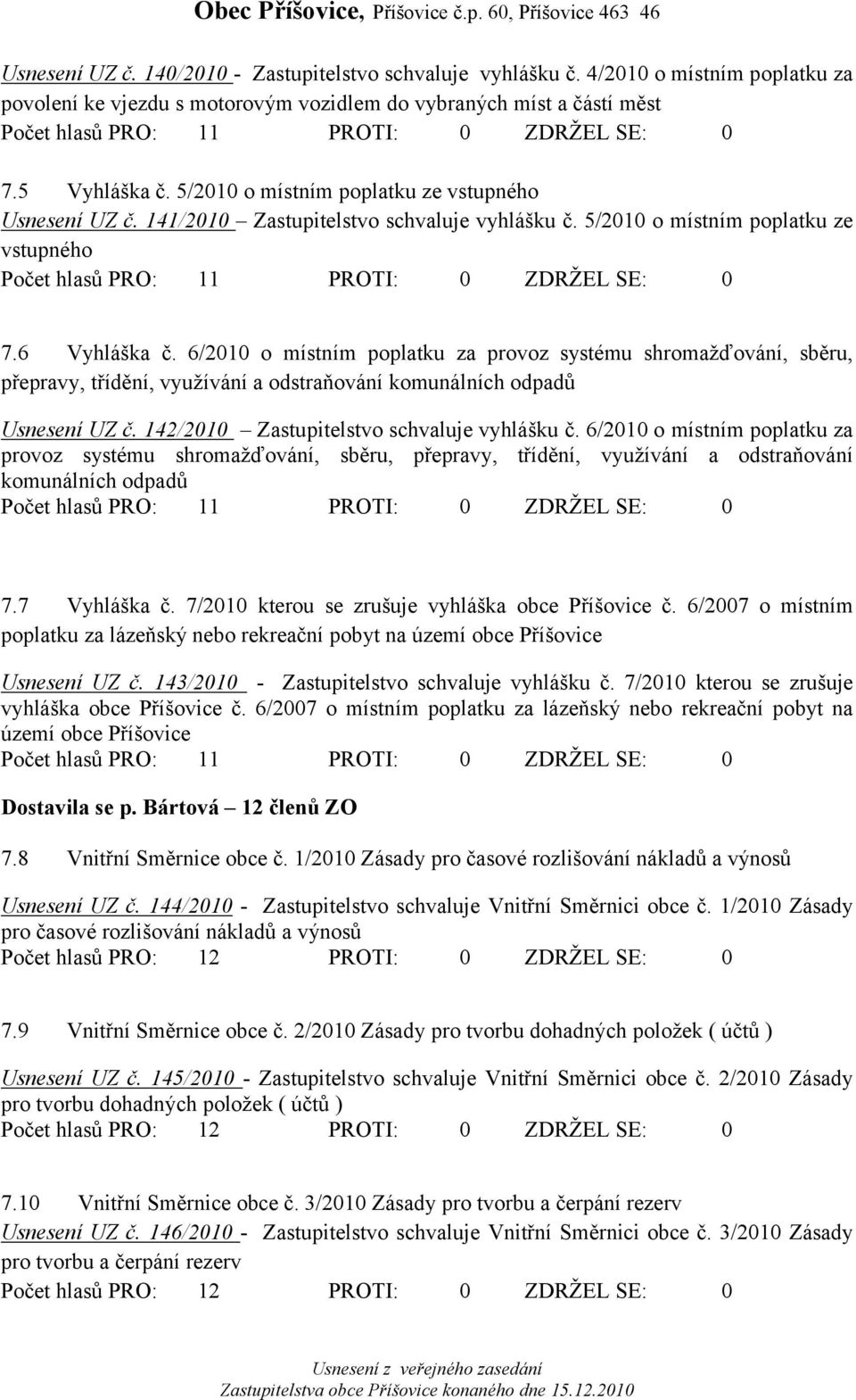 6/2010 o místním poplatku za provoz systému shromažďování, sběru, přepravy, třídění, využívání a odstraňování komunálních odpadů Usnesení UZ č. 142/2010 Zastupitelstvo schvaluje vyhlášku č.