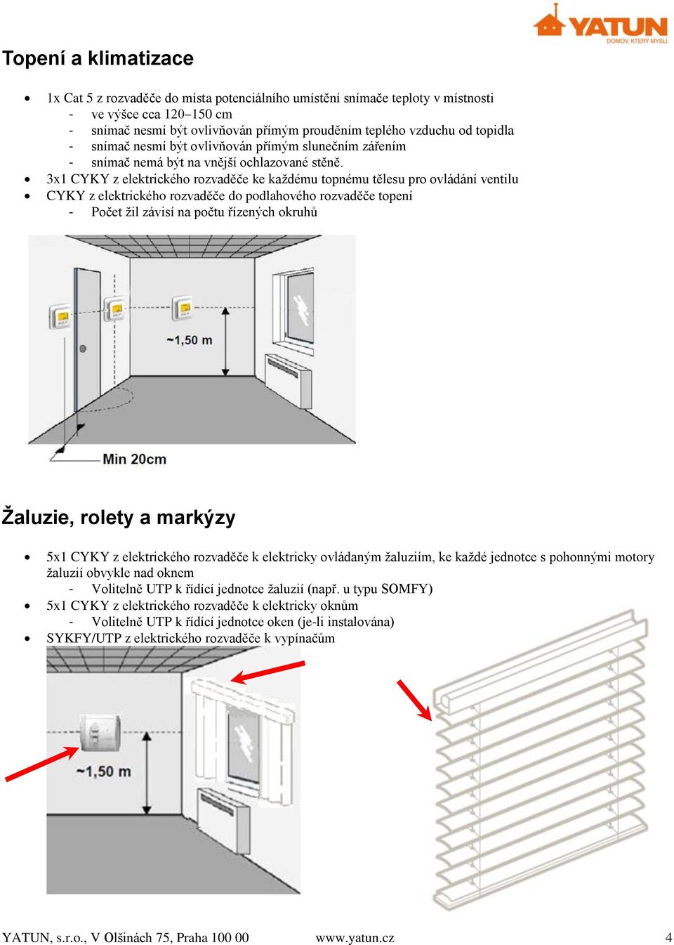 3x1 CYKY z elektrického rozvaděče ke každému topnému tělesu pro ovládání ventilu CYKY z elektrického rozvaděče do podlahového rozvaděče topení - Počet žil závisí na počtu řízených okruhů Žaluzie,