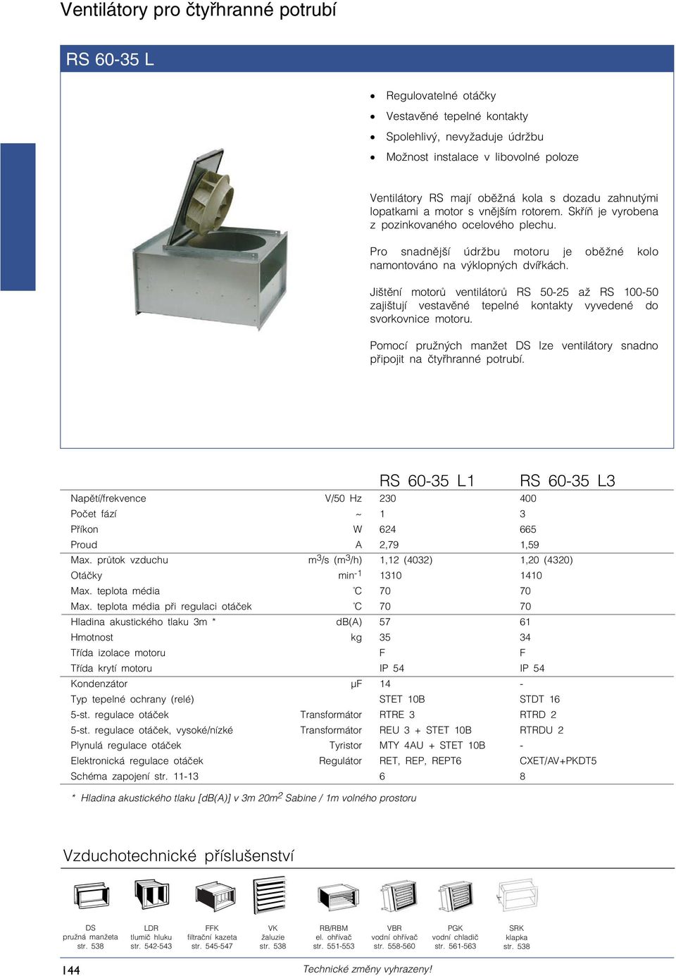 Jišt ní motor ventilátor RS 50-25 až RS 100-50 zajištují vestav né tepelné kontakty vyvedené do svorkovnice motoru. Pomocí pružných manžet lze ventilátory snadno p ipojit na ty hranné potrubí.