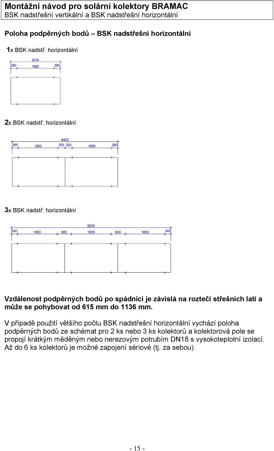 V případě použití většího počtu BSK nadstřešní horizontální vychází poloha podpěrných bodů ze schémat pro 2 ks nebo 3 ks kolektorů a