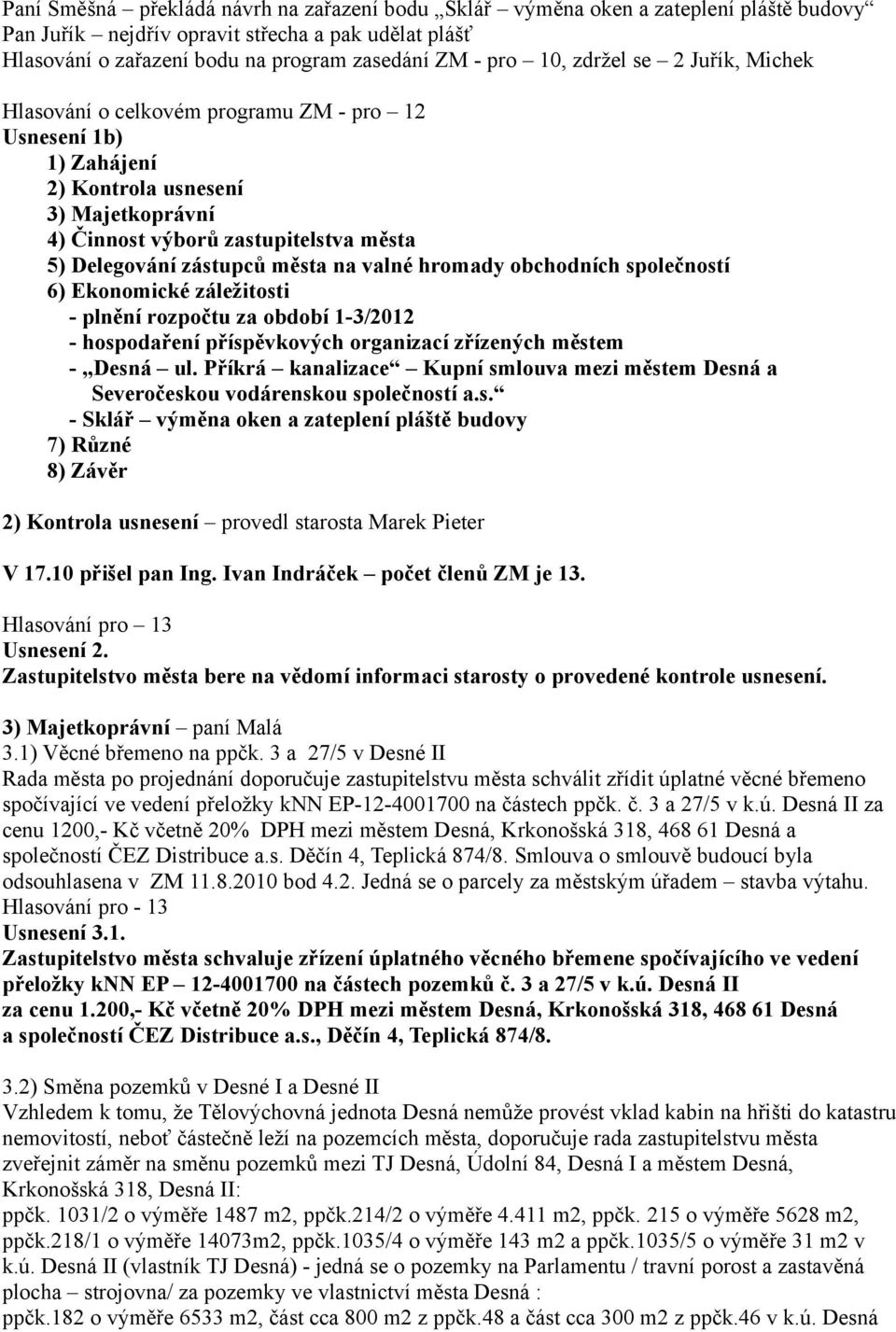 na valné hromady obchodních společností 6) Ekonomické záležitosti - plnění rozpočtu za období 1-3/2012 - hospodaření příspěvkových organizací zřízených městem - Desná ul.