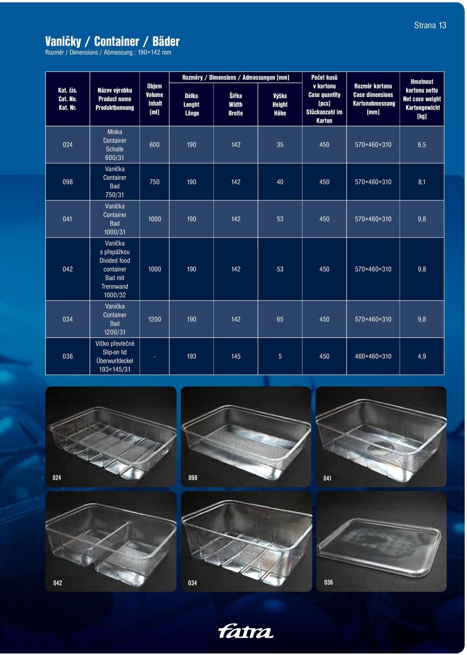 Admessungen Délka Lenght Länge Šířka Width Breite v kartonu Case quantity [pcs] abmessung Hmotnost kartonu netto gewicht 600 190 142 35 450