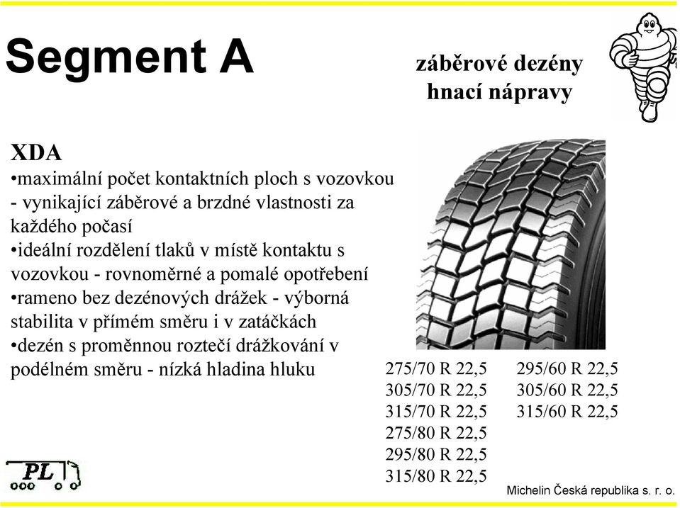 dezénových drážek - výborná stabilita v přímém směru i v zatáčkách dezén s proměnnou roztečí drážkování v podélném směru - nízká