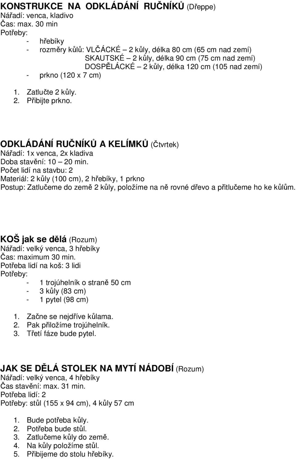 cm) 1. Zatlučte 2 kůly. 2. Přibijte prkno. ODKLÁDÁNÍ RUČNÍKŮ A KELÍMKŮ (Čtvrtek) Nářadí: 1x venca, 2x kladiva Doba stavění: 10 20 min.