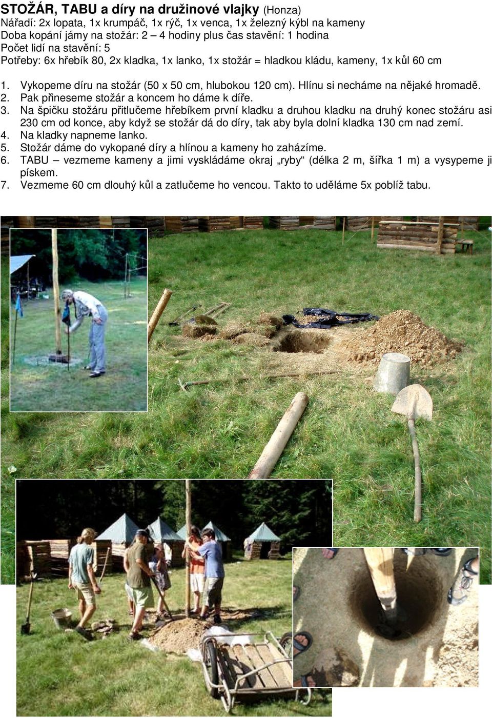 2. Pak přineseme stožár a koncem ho dáme k díře. 3.