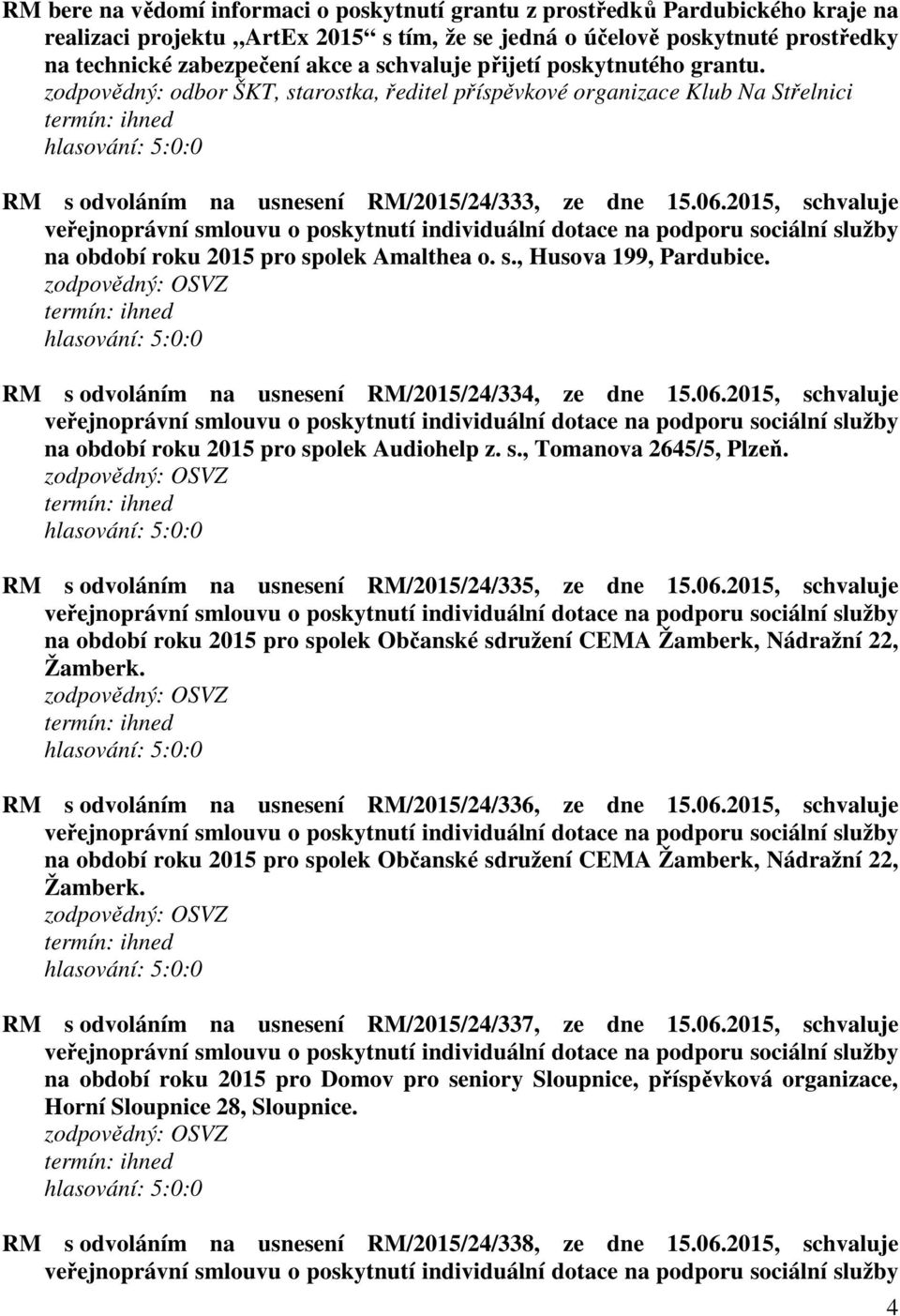 2015, schvaluje na období roku 2015 pro spolek Amalthea o. s., Husova 199, Pardubice. RM s odvoláním na usnesení RM/2015/24/334, ze dne 15.06.